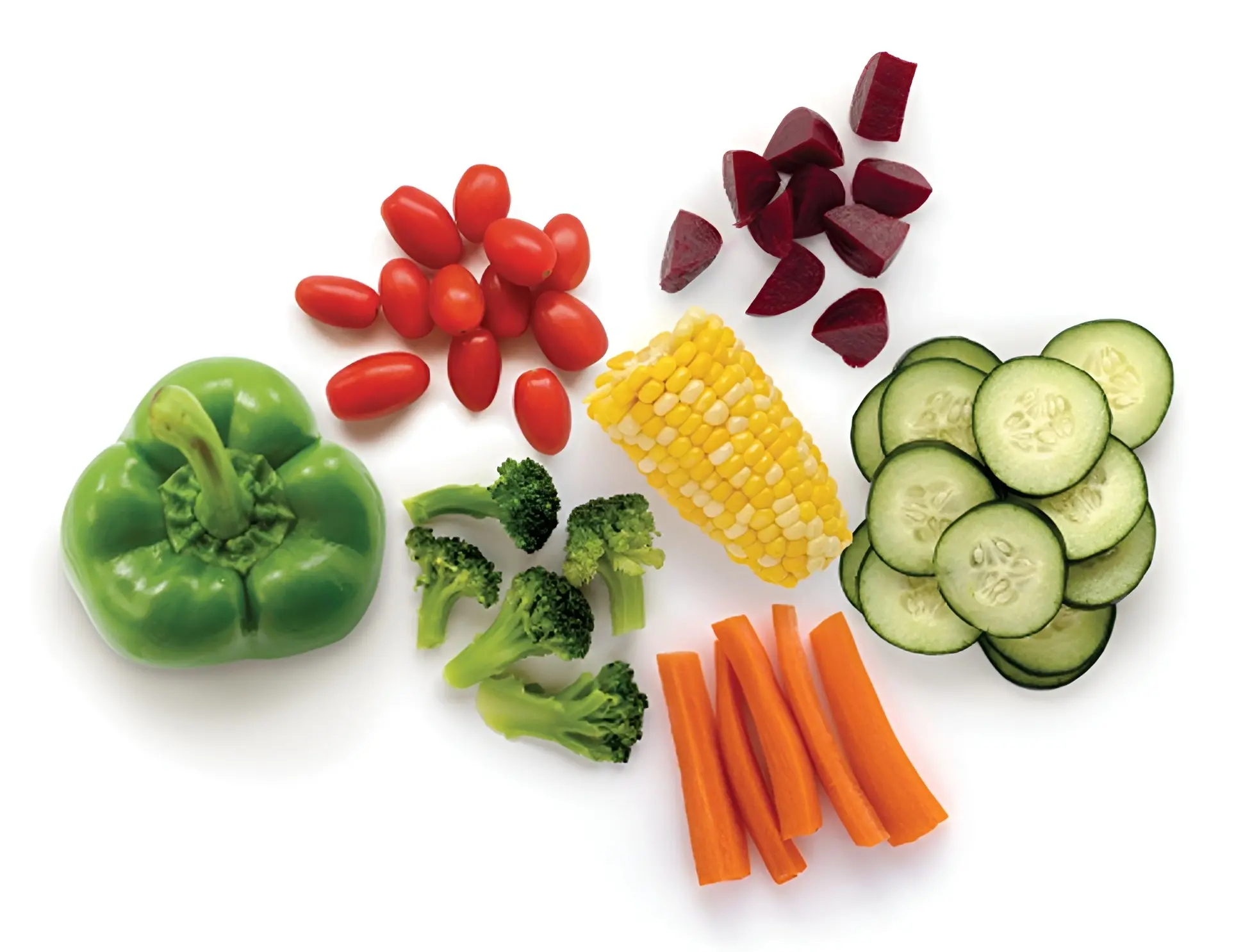 Fresh vegetables including bell pepper, tomatoes, beets, corn, broccoli, cucumbers, and carrots.