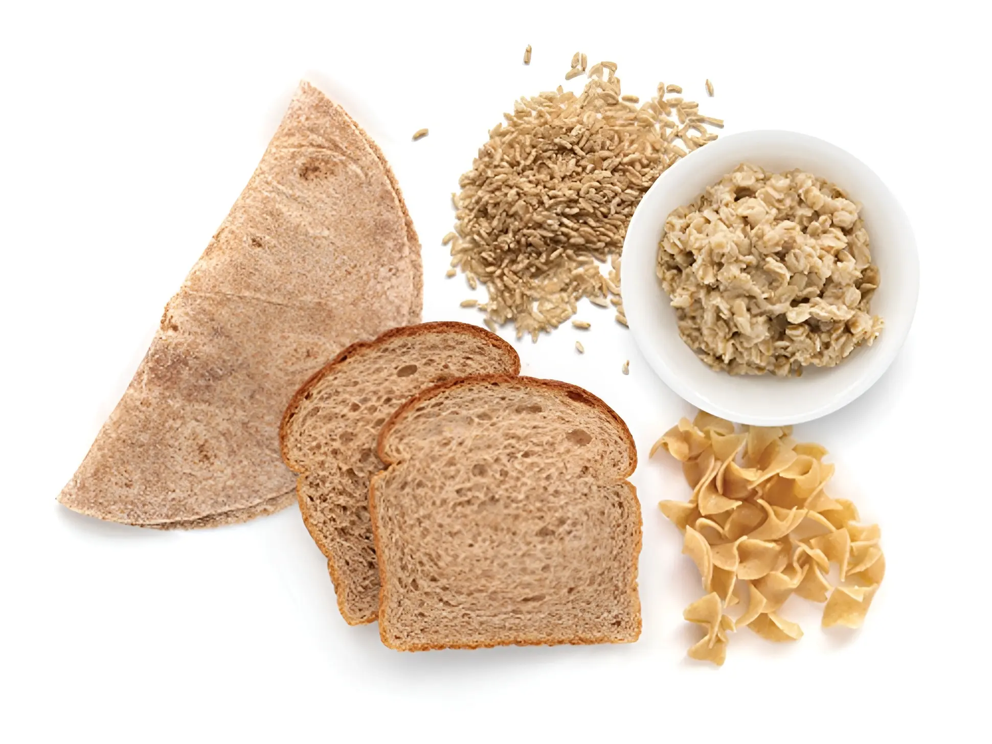 Various whole grain foods like bread, rice, and oats, illustrating daily grain serving sizes.