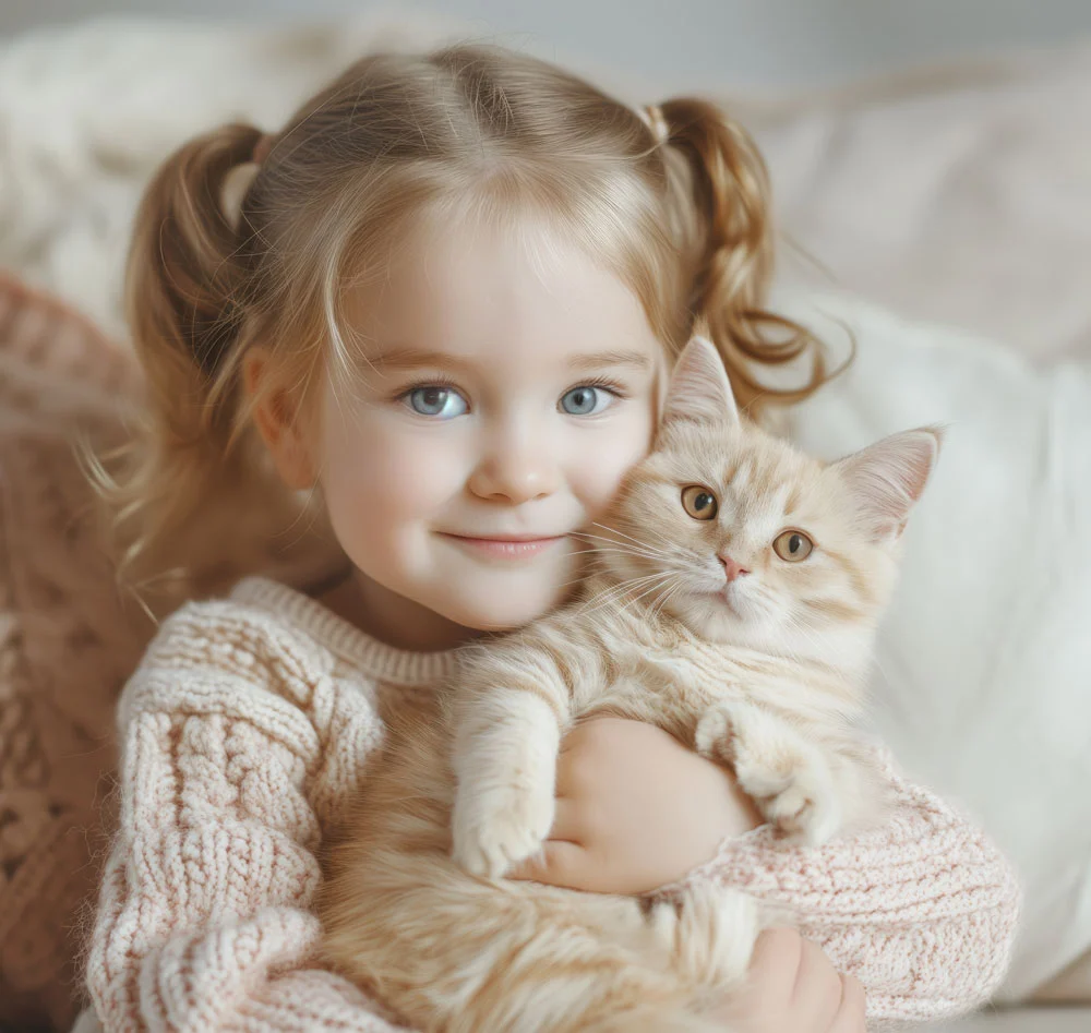Child cuddling a fluffy, ginger kitten warmly.
