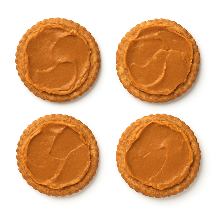 Four cookies with smooth, brown spread on top.