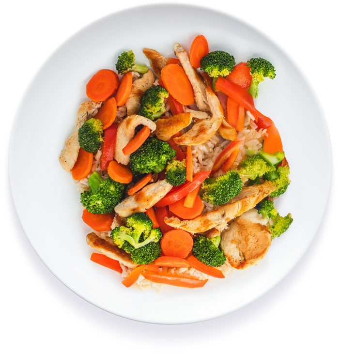 Chicken stir-fry with broccoli, carrots, and rice.