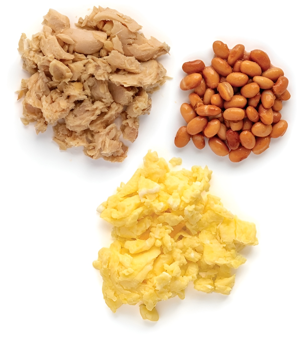 Salmon, beans, and scrambled eggs on white background