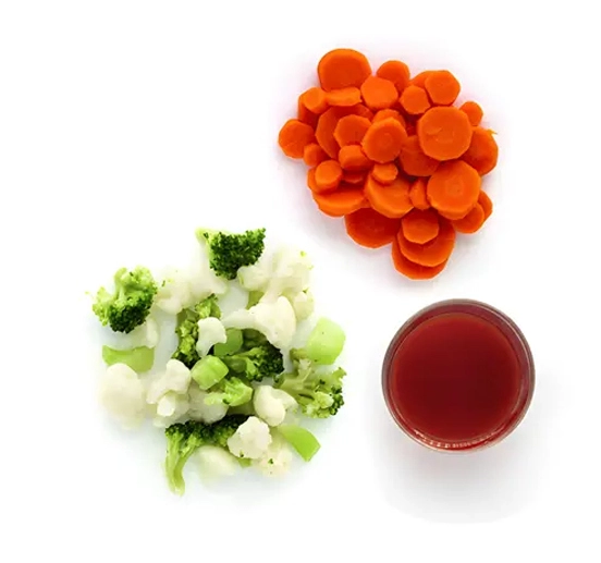 Sliced carrots, mixed vegetables, and vegetable juice