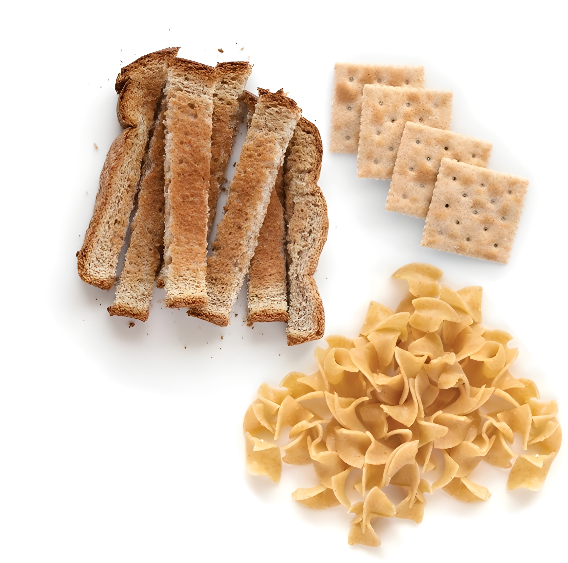 Whole grain toast, pasta, and crackers assortment